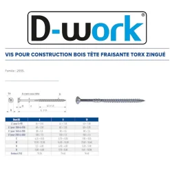 D-Work 50 Vis pour Construction Bois Tête Fraisante Torx T40 10 x 280 mm - Zingué blanc -