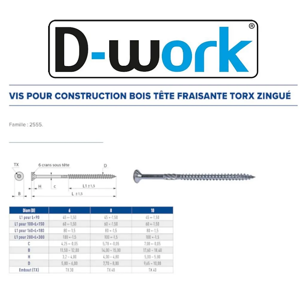 D-Work Vis Pour Terrasse-50 Vis pour Construction Bois Tête Fraisante Torx T40 10 x 340 mm - Zingué blanc -