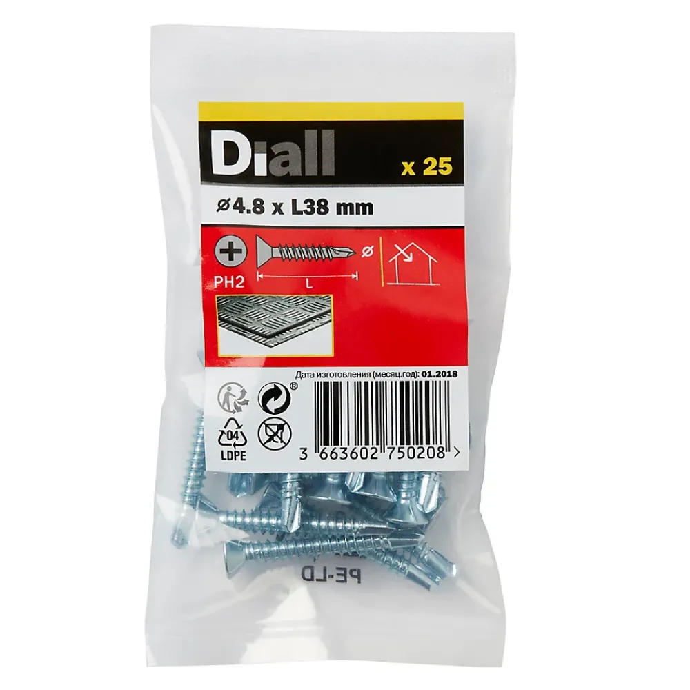 Diall Vis Pour Métal-Vis zinguée autoperceuses fraisées, 4,8x38 mm - 25 pièces