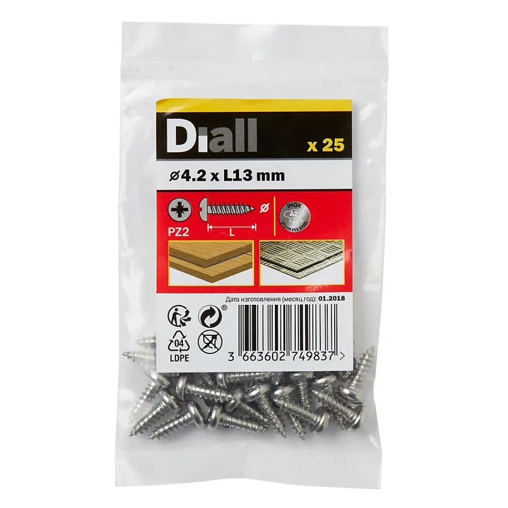 Diall Vis zinguée autoperceuses à tête cylindrique acier inoxydable A2, 4,2x13 mm - 25 pièces