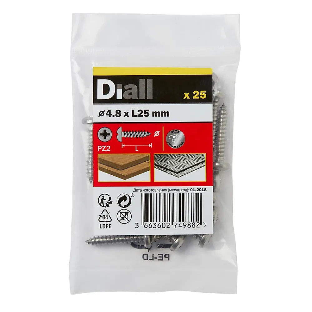 Diall Vis zinguée autoperceuses à tête cylindrique acier inoxydable A2, 4,8x25 mm - 25 pièces