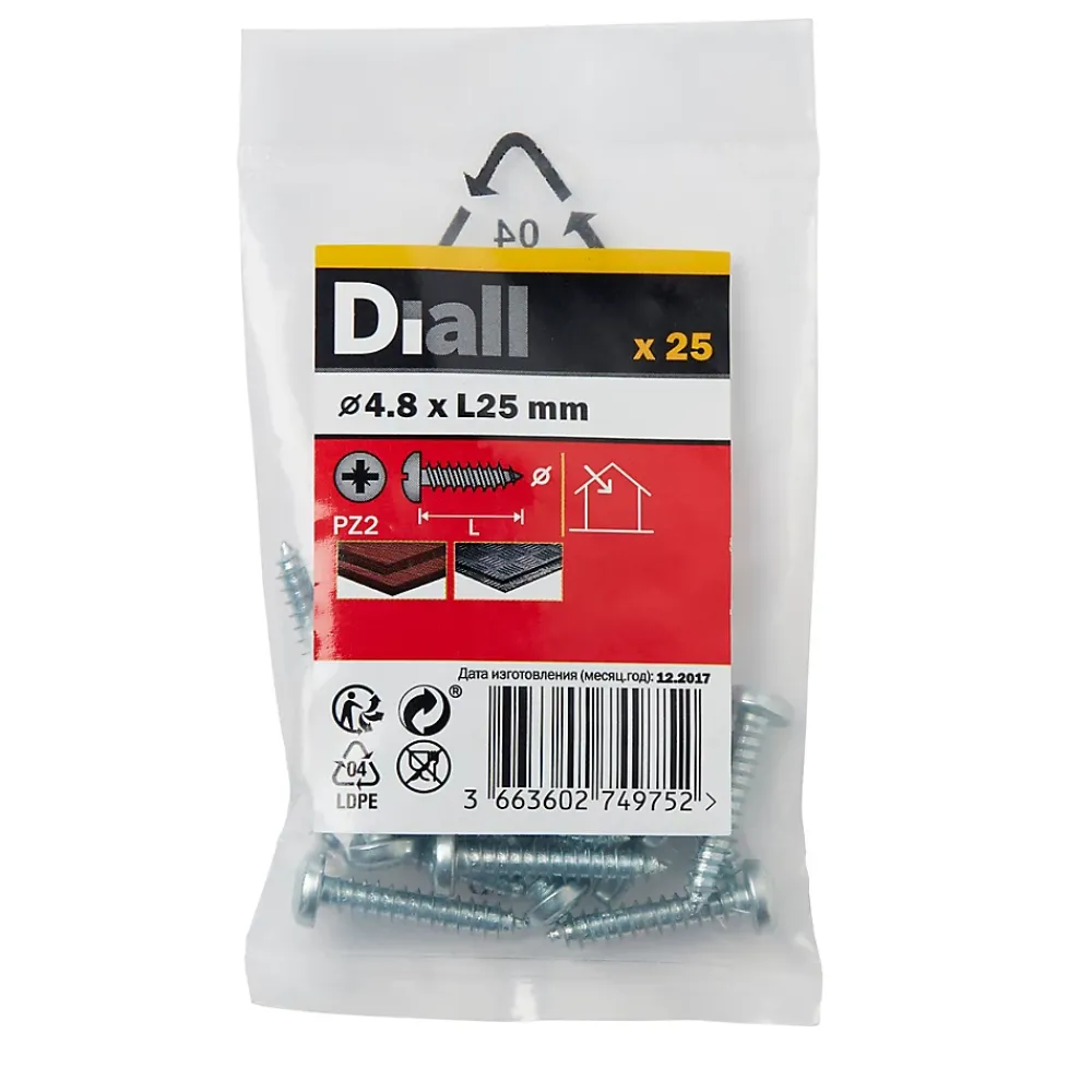 Diall Vis zinguée autoperceuses à tête pozidriv 4,8x25 mm, 25 pièces
