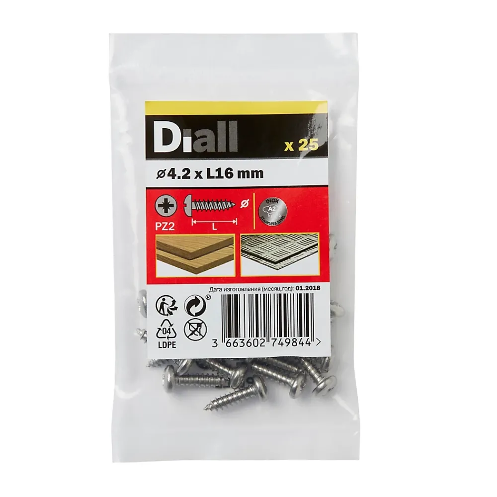 Diall Vis zinguée autoperceuses à tête cylindrique acier inoxydable A2, 4,2x16 mm - 25 pièces