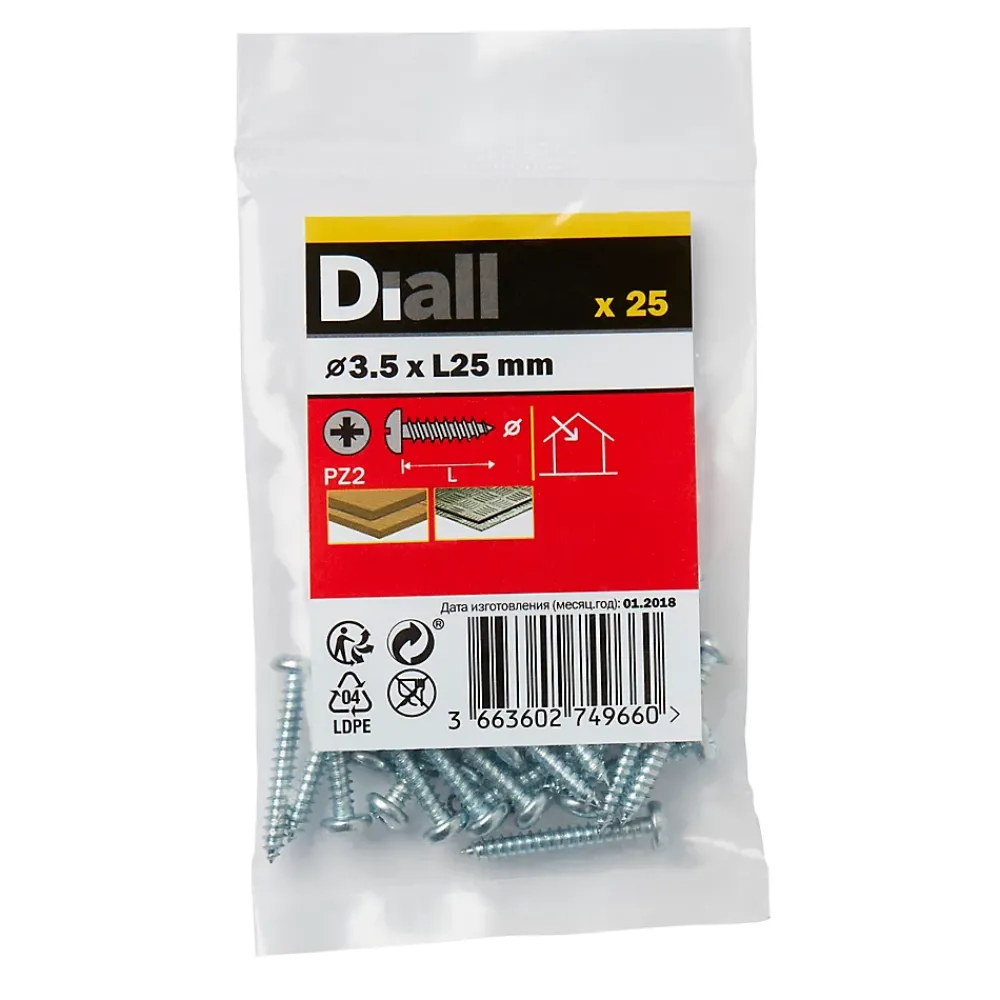 Diall Vis zinguée autoperceuses à tête cylindrique, 3,5x25 mm - 25 pièces