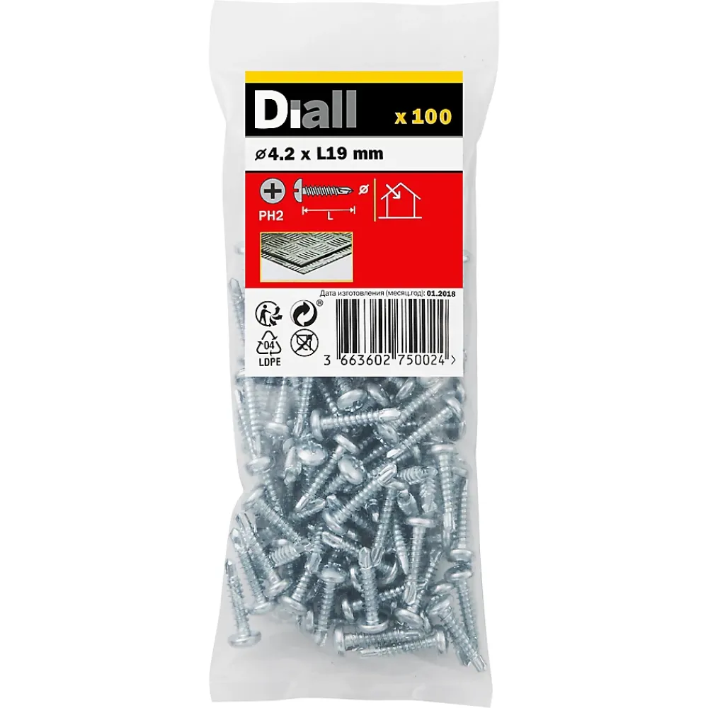 Diall Vis zinguée autoperceuses à tête cylindrique, 4,2x19 mm - 100 pièces