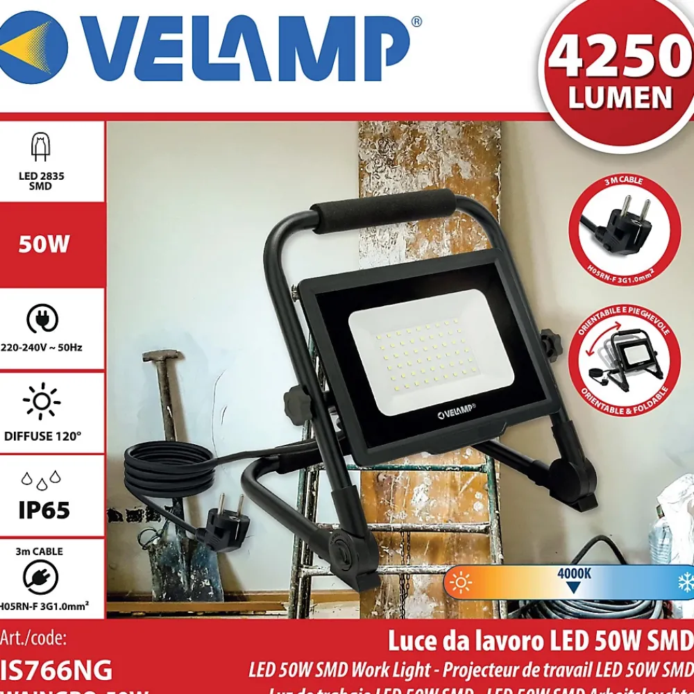 Velamp Lampe Torche-WAINGRO 50W : Projecteur de travail LED SMD 50W avec support de terre et câble 3m
